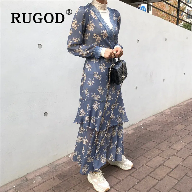 Женское ретро-платье RUGOD корейское цветочное Макси-платье с длинными рукавами