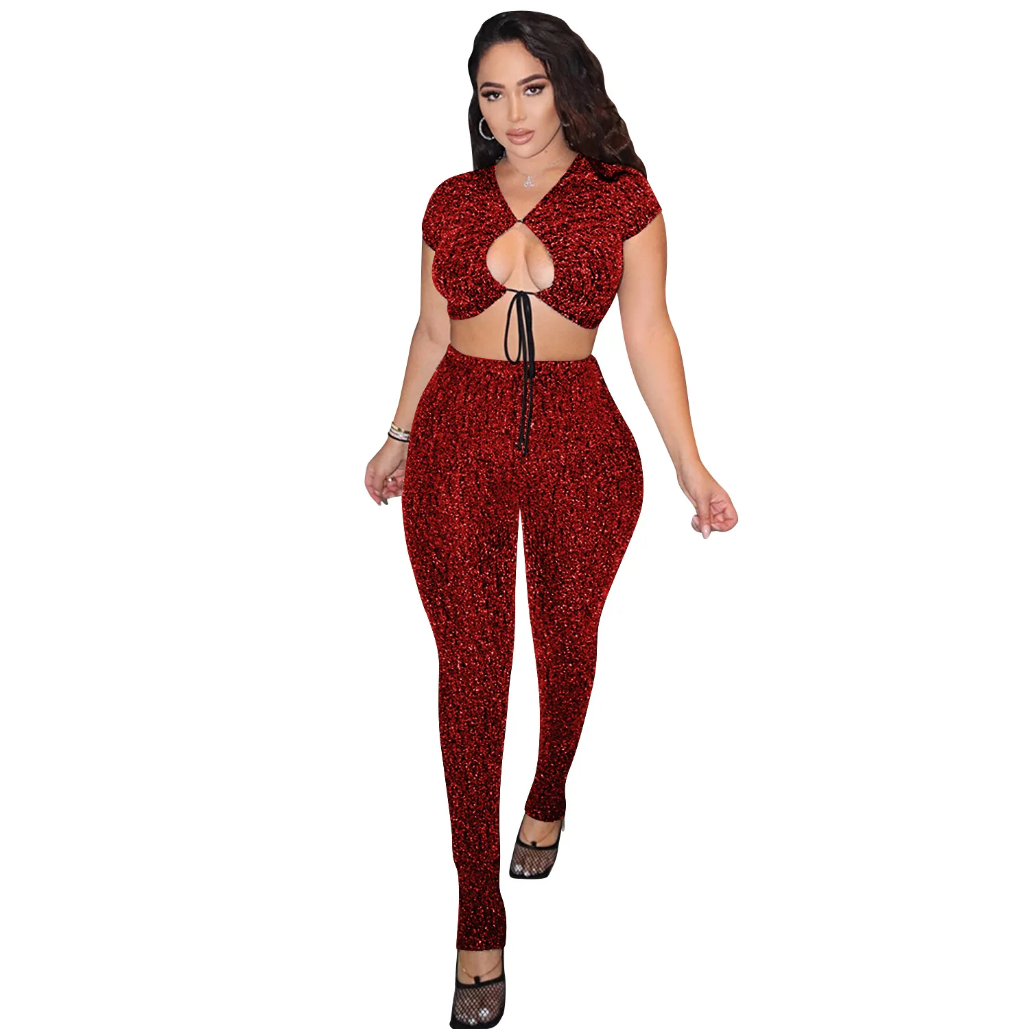 

Zoctuo Solid Two Piece Set Tracksuit Autumn New Short Sleeve Women Set Hollow Out Top Pencil Pants Set Sexy Club Outfits Fashion