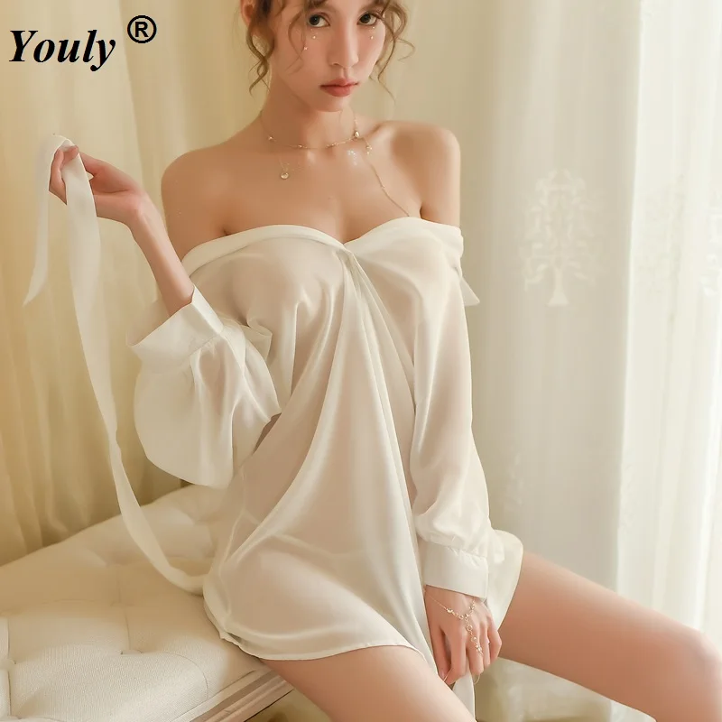 Women Sexy Long White Shirt Sleepwear Loose V-neck Top 2021 Lingerie Thin Transparent White Black Blouse Nightgown Nightdress