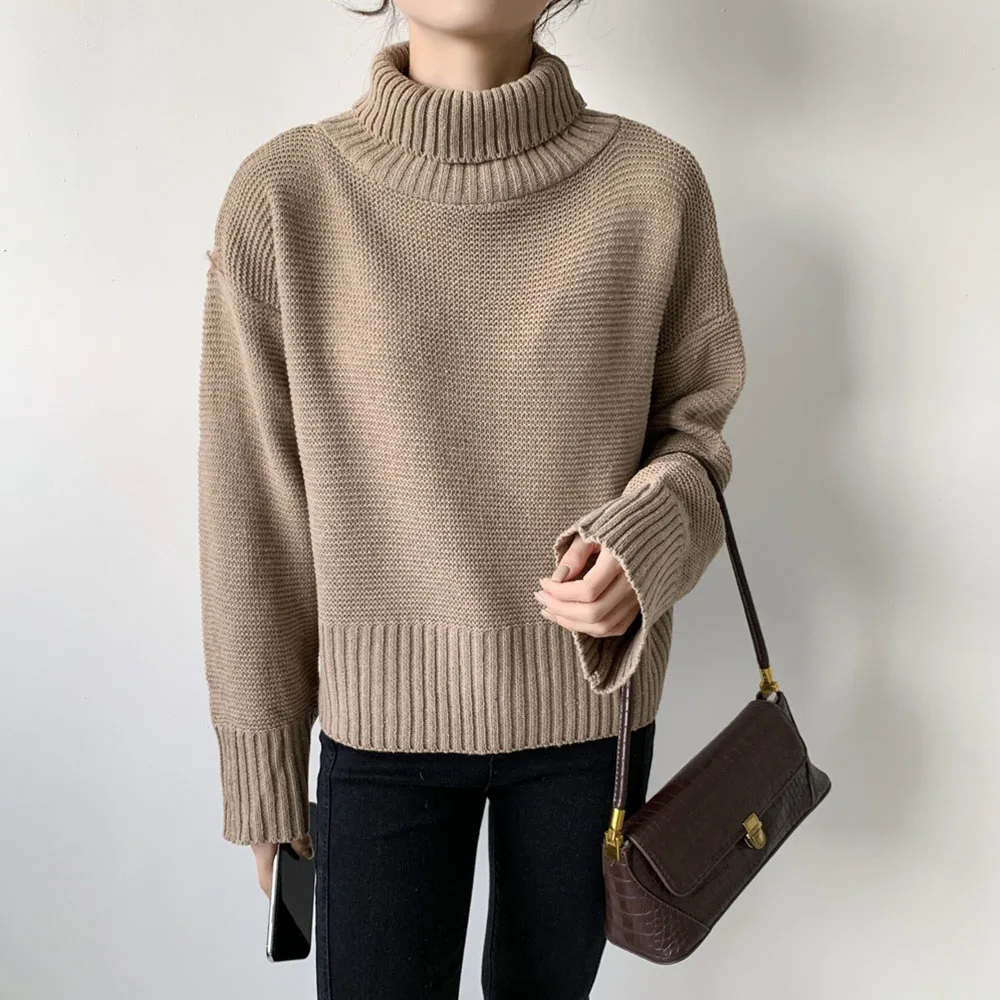 

Turtleneck Women Solid Color Knitted Sweater Office Lady Autumn Winter Soft Pullover Loose Long Sleeve Korean Style Female Tops