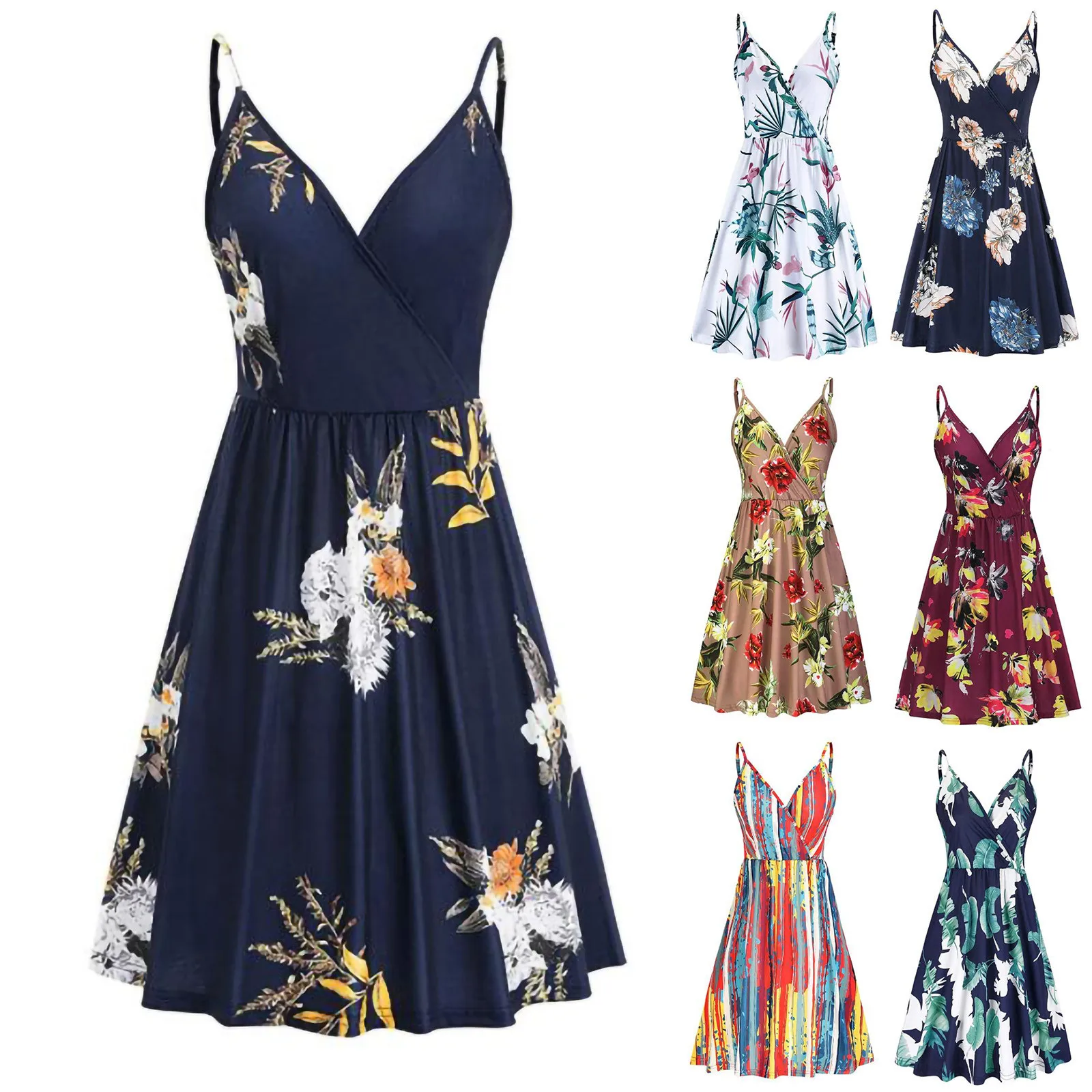 

Women's Mini Dress V-neck Floral Dresses Strap Summer Casual Swing Dress With Pocket Dress Summer Clothes For Women Sukienka
