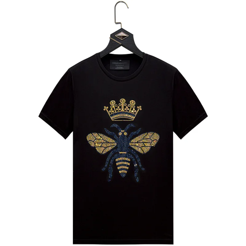 

Black TShirts White Male Shirt Male Streetwear Thin Slim Men Short Sleeve Shirt Diamonds Rhinestone Crown Bee Plus Size 6XL