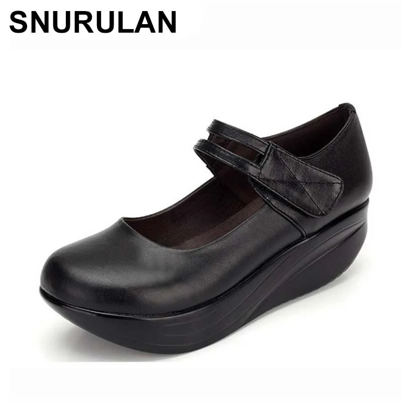 

Винтажная Женская танцевальная обувь SNURULAN, сезон весна-осень, черная танкетка, визуально увеличивающая рост, кожаная обувь на низкой платформе