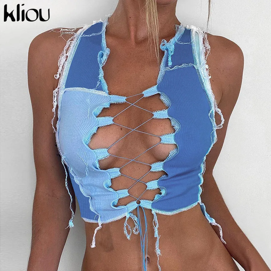 Kliou/сексуальные ребристые Топы на бретельках с вырезами и завязками без рукавов