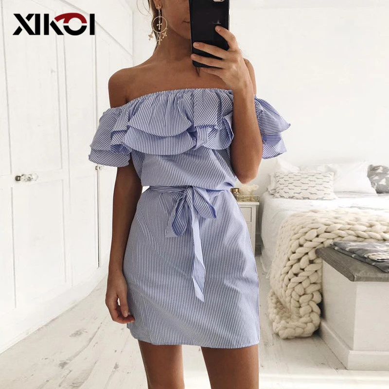 Платье XIKOI женское с вырезом лодочкой Повседневный Сарафан в полоску мини-платье