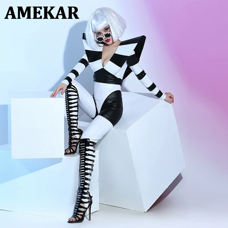 

Nightclub Stage Costumes Bar Female Singer Dj Dance Team Atmosphere Black And White Elasticity Performance Sexy Clothes Bodysuit