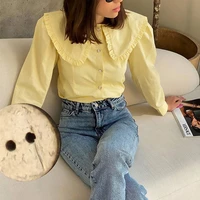 2022 autumn womens long sleeved shirt fashion retro doll collar blouse yellow casual cotton ladies casual shirt top new