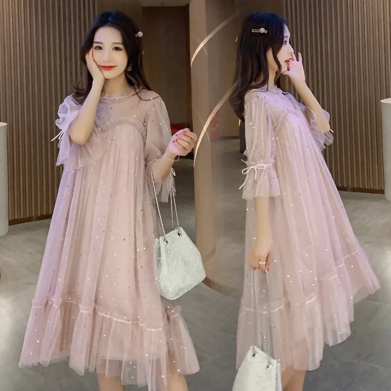

New Fairy Sequined Maternity Gown Pregnant Women's Loose Dress Women Elegant Mesh Fairy Clothes Pregnancy Clothes