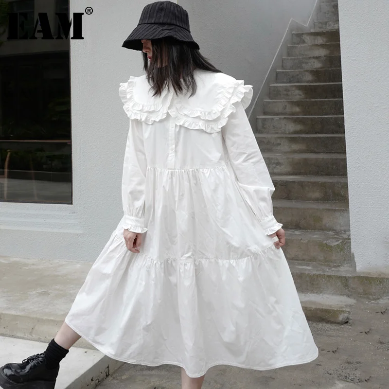 

[EAM] Women White Big Size Pleated Ruffles Elegant Dress New Ruffled Long Sleeve Loose Fit Fashion Spring Autumn 2021 1DD8318