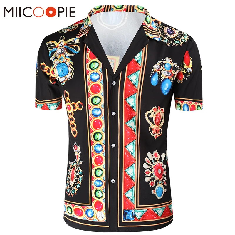 

Luxury Royal Printed Shirts For Men Fashion Retro V Neck Short Sleeved Male Casual Shirt Dress Summer Hawaiian Floral Blouse Man