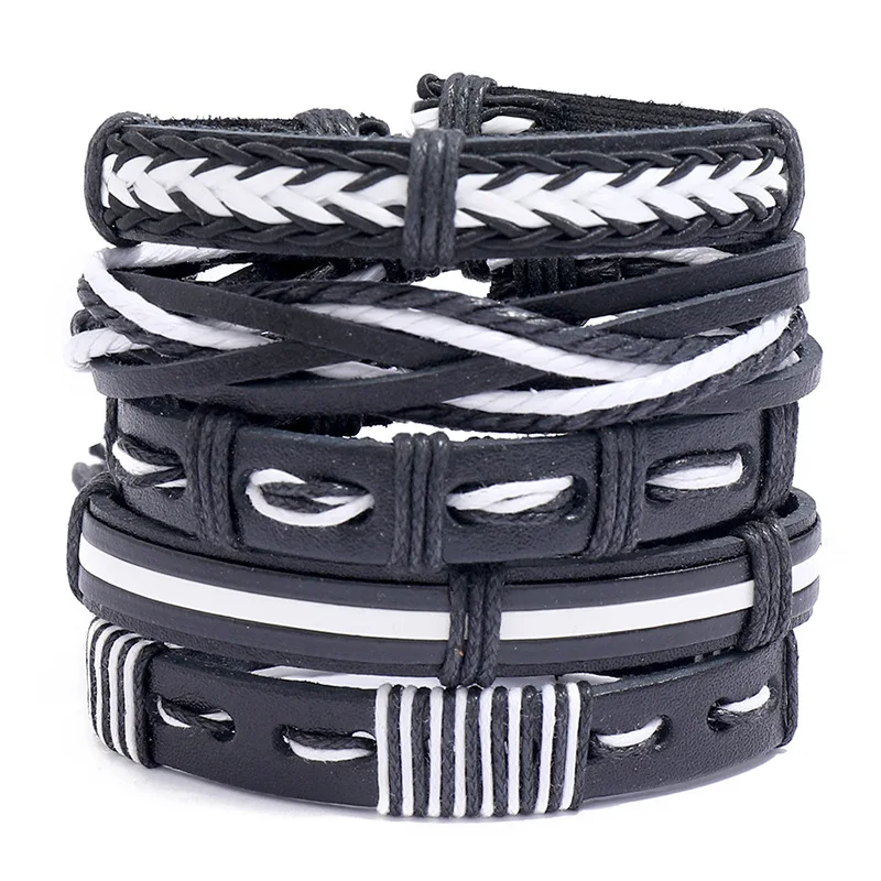 

Vintage Handmade Black Multilayer Leather Bracelet Sets Men Fashion Braiding Rope Wrap Bracelets & Bangles Male Gift