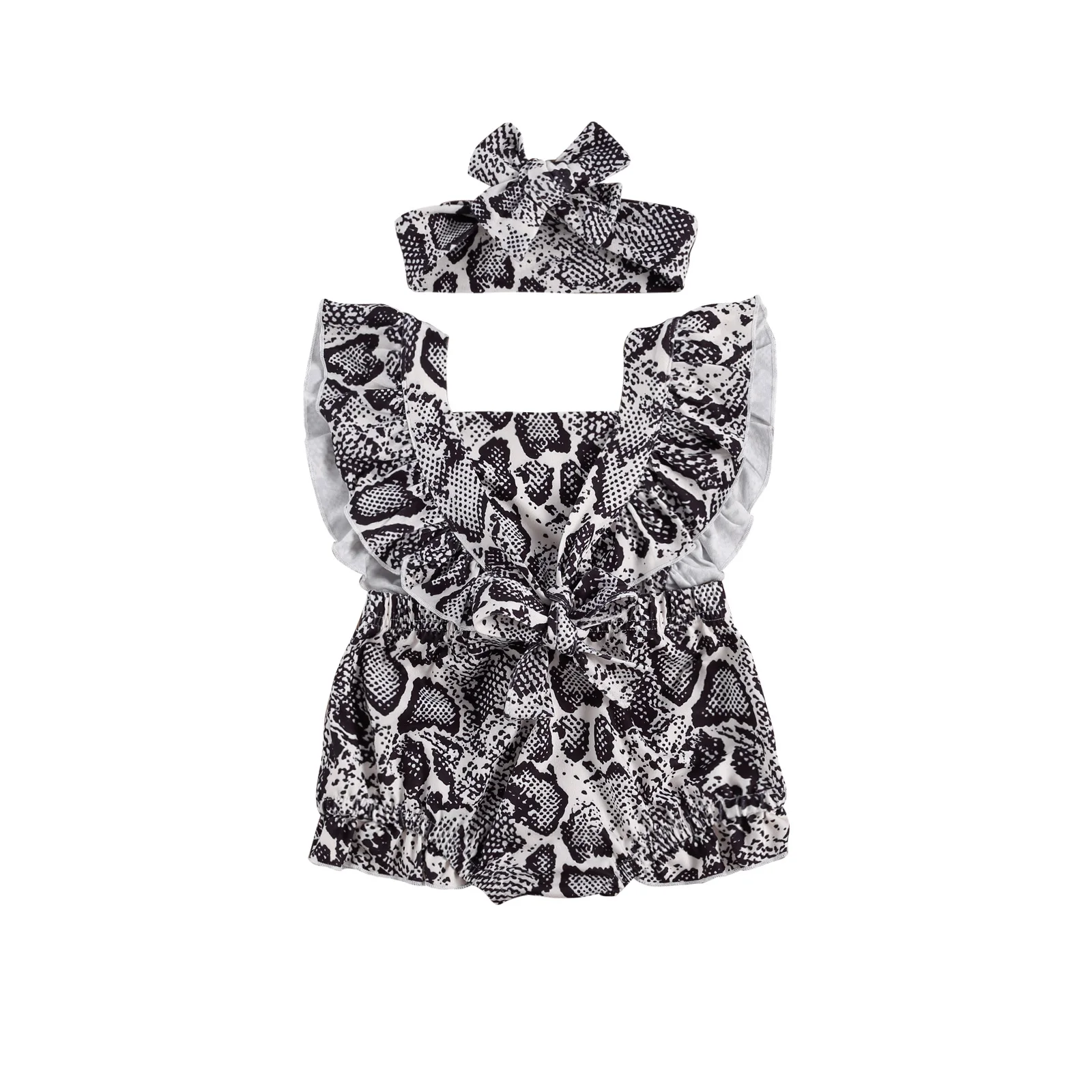 

pudcoco Infant Newborn Baby Girl Onepiece Fall Top and Headband Snakeskin Printed Fly Sleeve Crotch Buttons Romper 0-24 Months