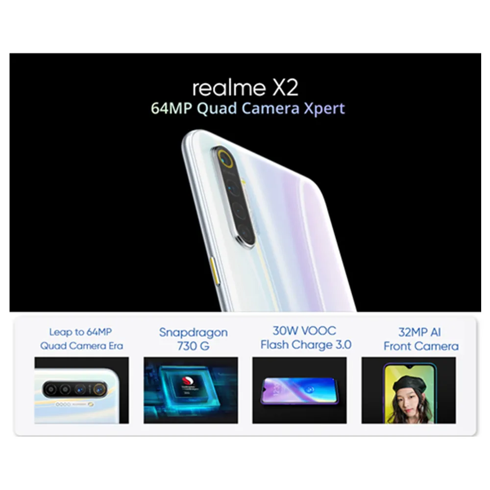 Мобильный телефон Oppo Realme X2 Snapdragon 730G Android 9,0 6," Super Amoled 8 ГБ ОЗУ 128 Гб ПЗУ МП 30 Вт Зарядное устройство NFC