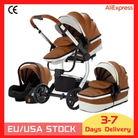 luxurious baby stroller 3 in 1 portable baby carriage rubber wheel pu leather aluminum frame high landscape newborn stroller