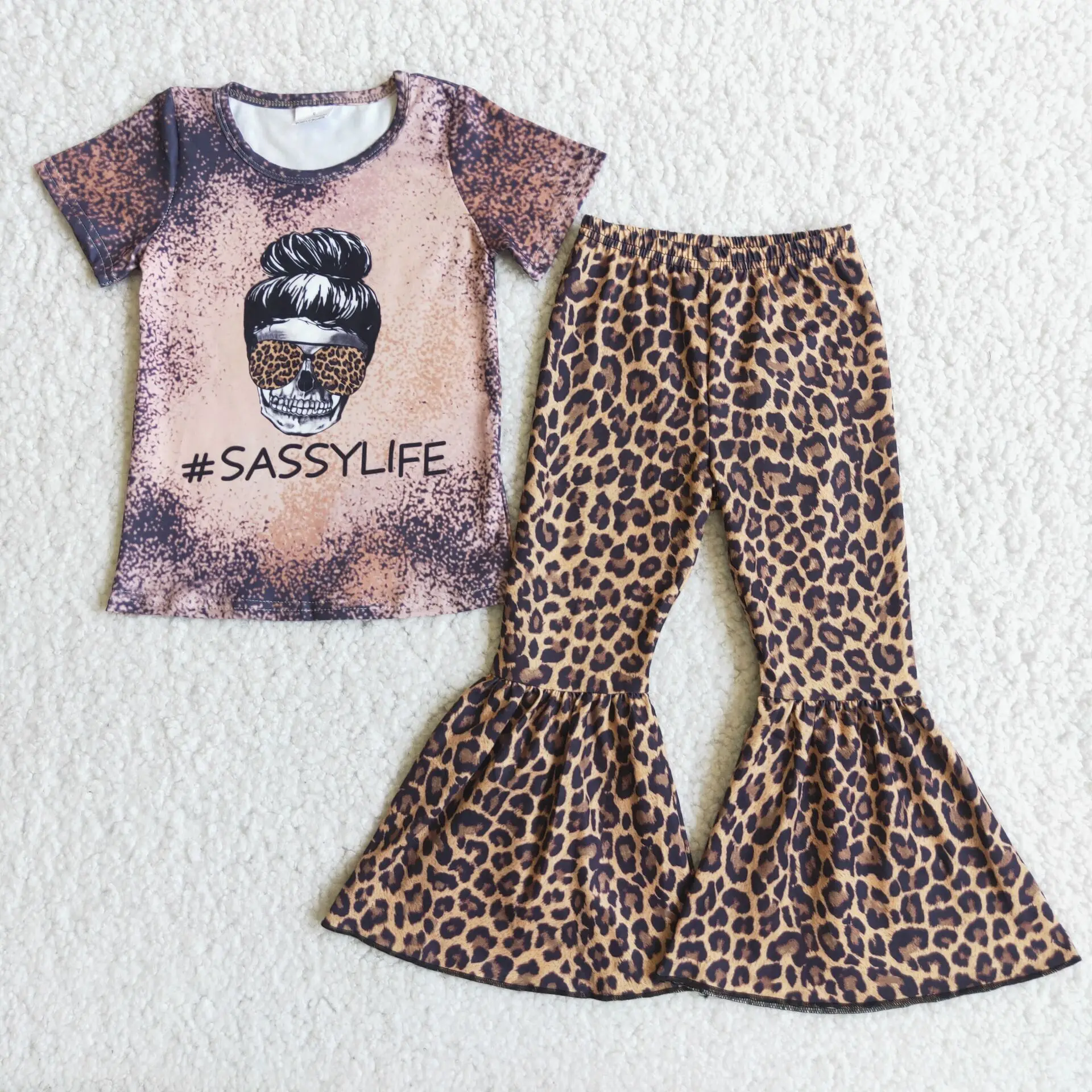 

2021 Autumn Fashion Infant Cute Little Girl Sassy Short Sleeve Shirt Leopard Bell Bottom Baby Outfit Wholesale Boutique Clothes