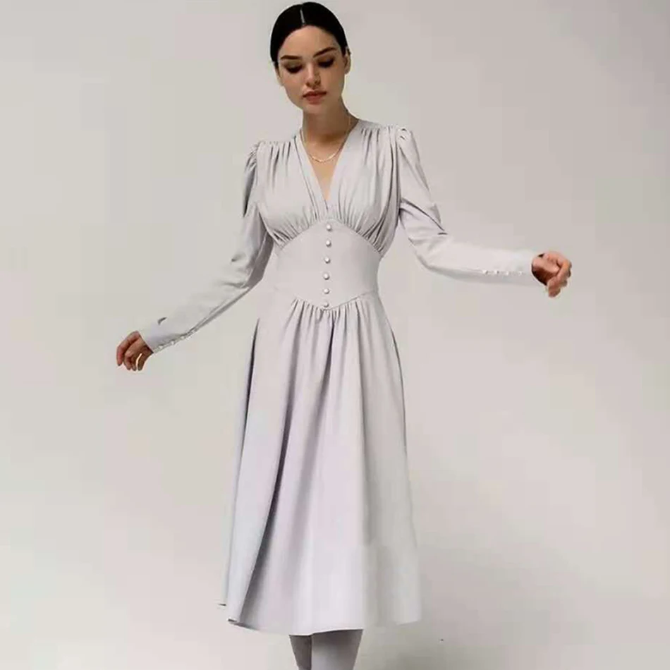 

Autumn Sexy V-Neck Long-Sleeved Single-Breasted A-Line Dress 2020 New Women'S Celebrity Runway Club Evening Party Dress Vestidos