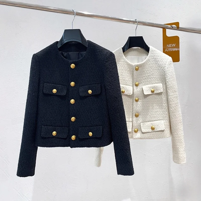 

Autumn Winter Small Fragrant Tweed Jacket Coat Women Vintage Woolen Short Coats Streetwear Elegant Casual Slim Outwear Crop Top