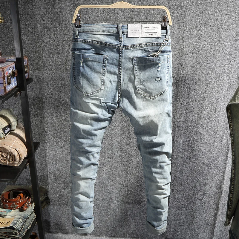 Korean Style Men Jeans Retro Light Blue Elastic Slim Fit Ripped Jeans Men Street Fashion Patchwork Designer Denim Pencil Pants