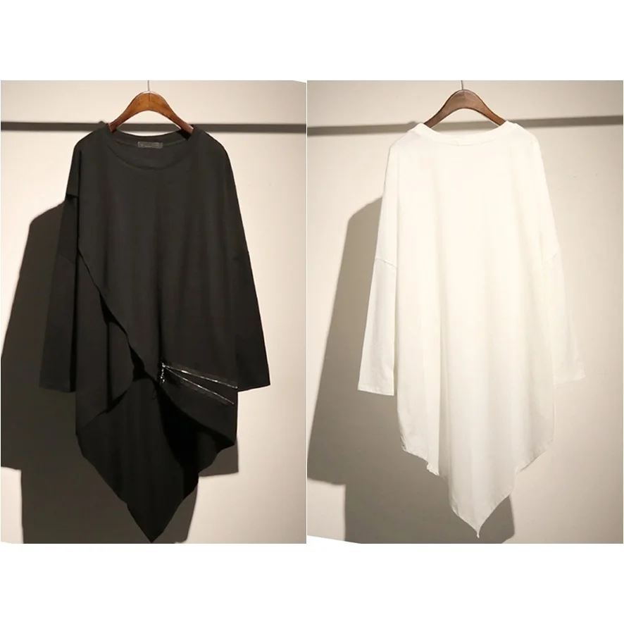 

Unisex Asymmetrical Long Sleeve /Short long T-shirt Loose Large/ Lengthen Extended Tshirt Tunic Raw / Zip Accesories