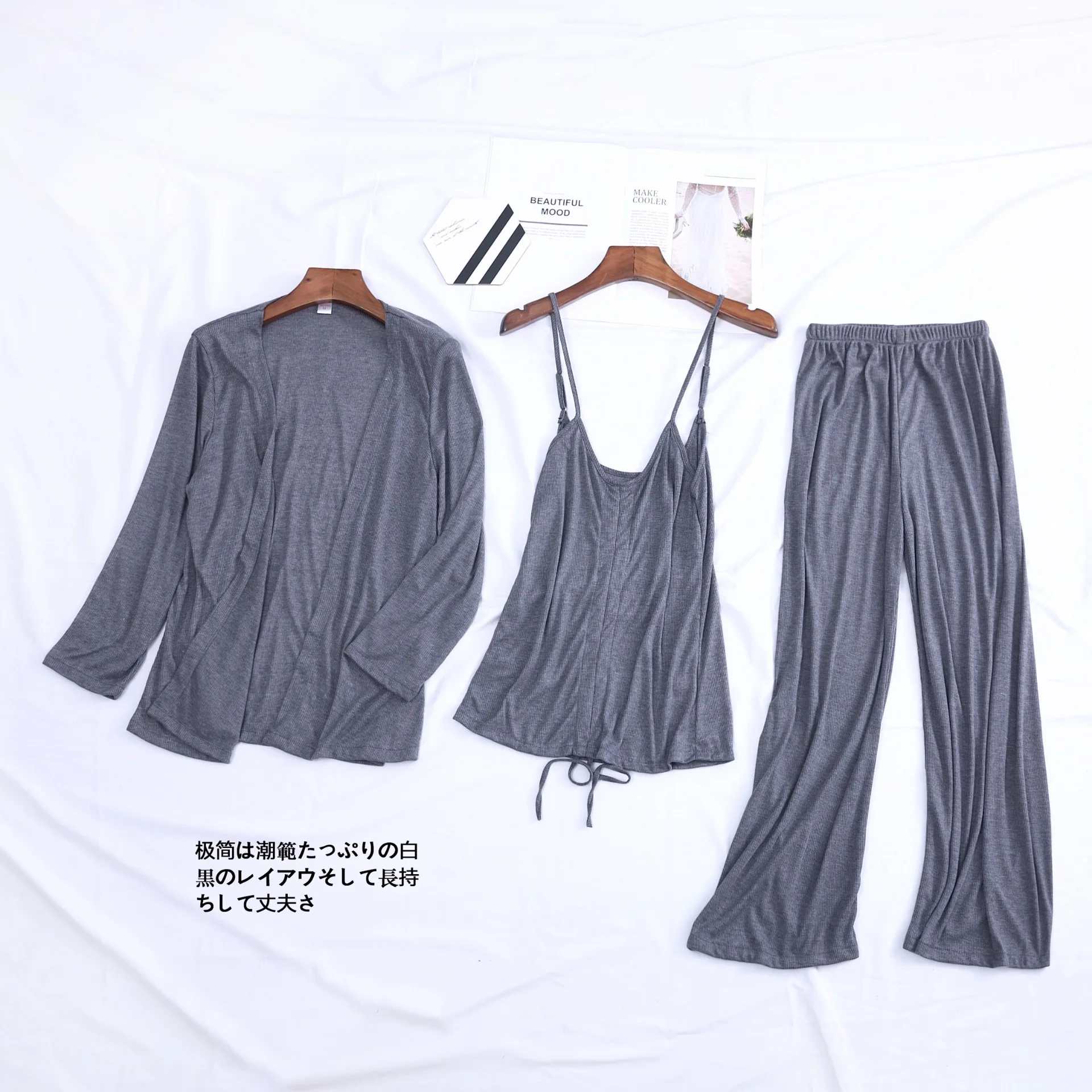 

Spring Autumn Pajamas Set Women 3PCS Sleepwear Soft Kimono Gown Solid Sleep Set Female Loose Pyjamas Suit Casual Home Clothing