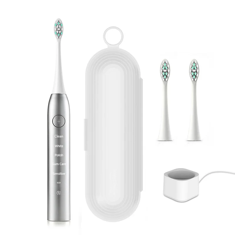 Silver Waterproof Electric Toothbrush Cleaning Whitening USB Charging Sonic Toothbrush with DuPont Heads - Цвет: Silver