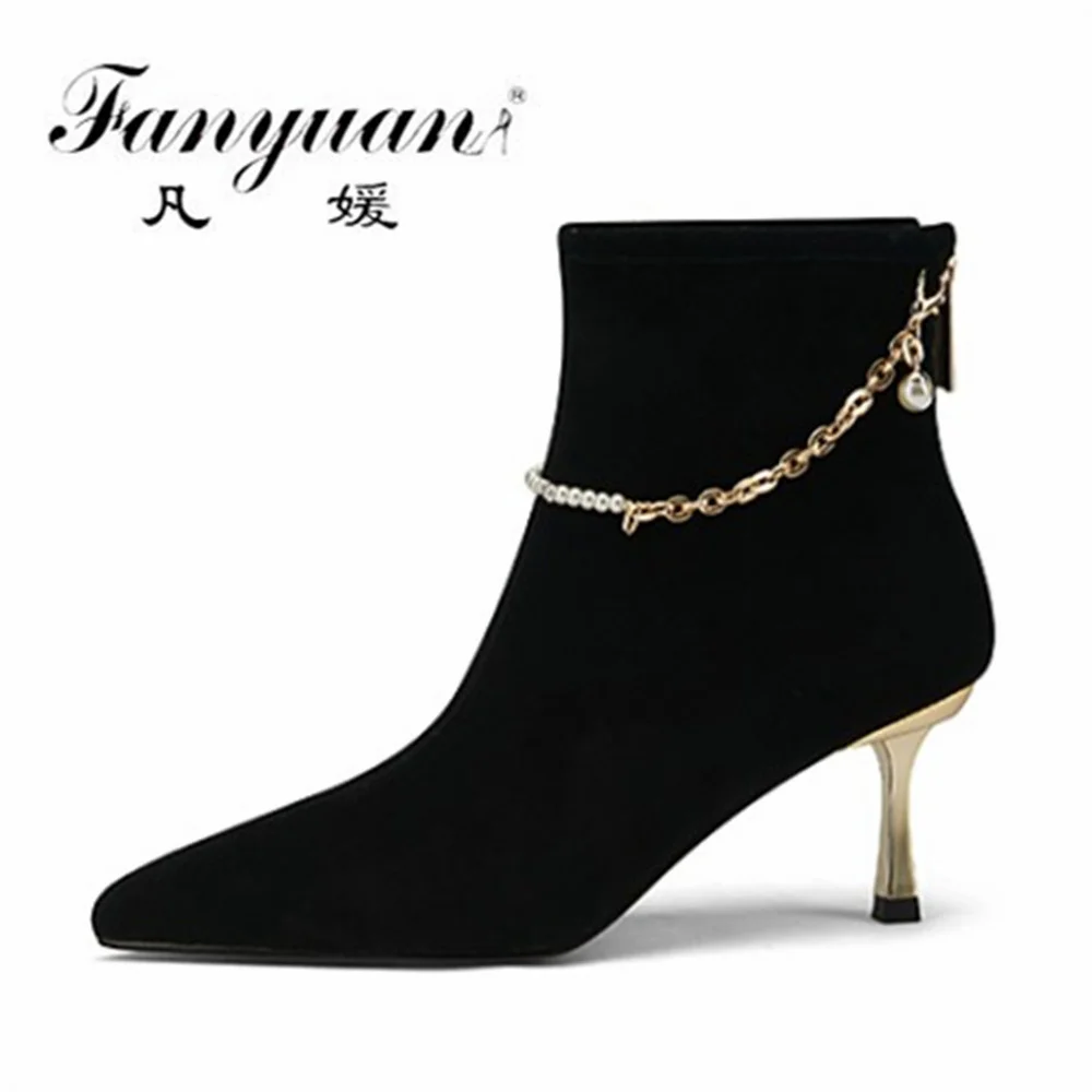 

Замшевые Кожаные ботильоны Fanyuan, обувь на тонком каблуке с острым носком, женские свадебные ботинки челси на молнии сзади на осень и зиму 2021