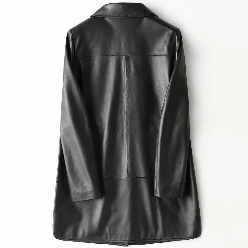 Women's Simple Sheepskin Spring New Casual High Quality Jacket Covered Button Women Loose Real Leather Black Coat with Pockets