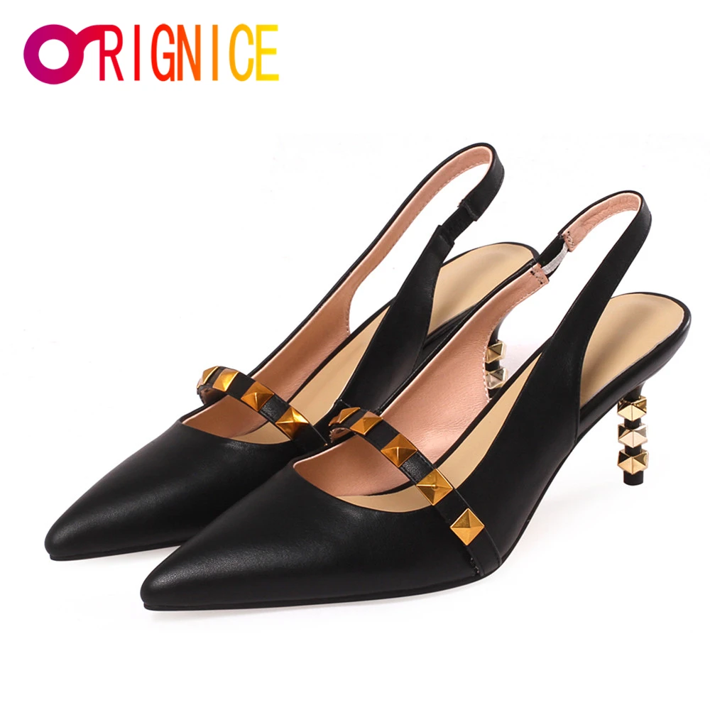 

Orignice Elegant Rivet Metal Decoration Slingback Pumps Pointed Toe Thin High Heels Fashion Chic Spring Summer Office Lady Shoes