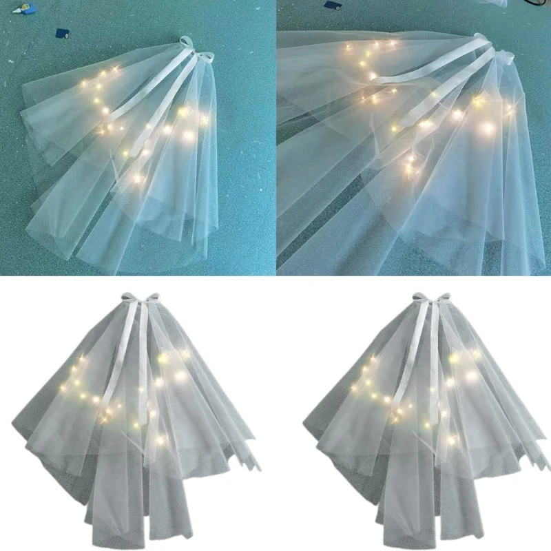 

50PE Bridal Veil with Spring Clip Embellished with Lights Bow Ribbon Short Cut Edge Tulle Veil White for Wedding Party