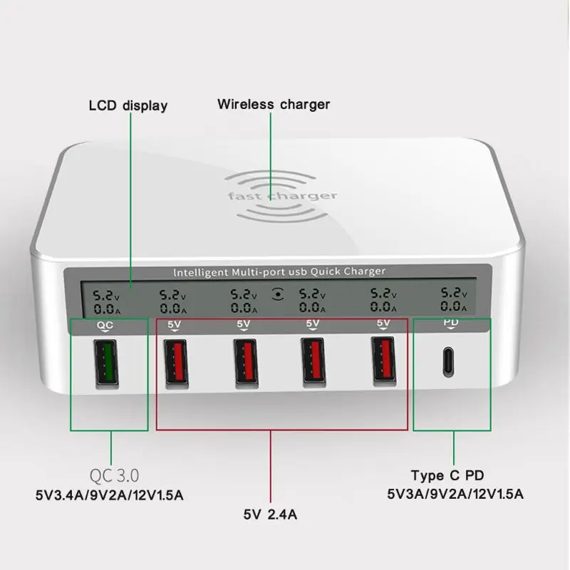 

Universal 100W 5x USB QC 3.0 & Type C PD Fast Charger Adapter Qi Wireless Charger Station for iphone