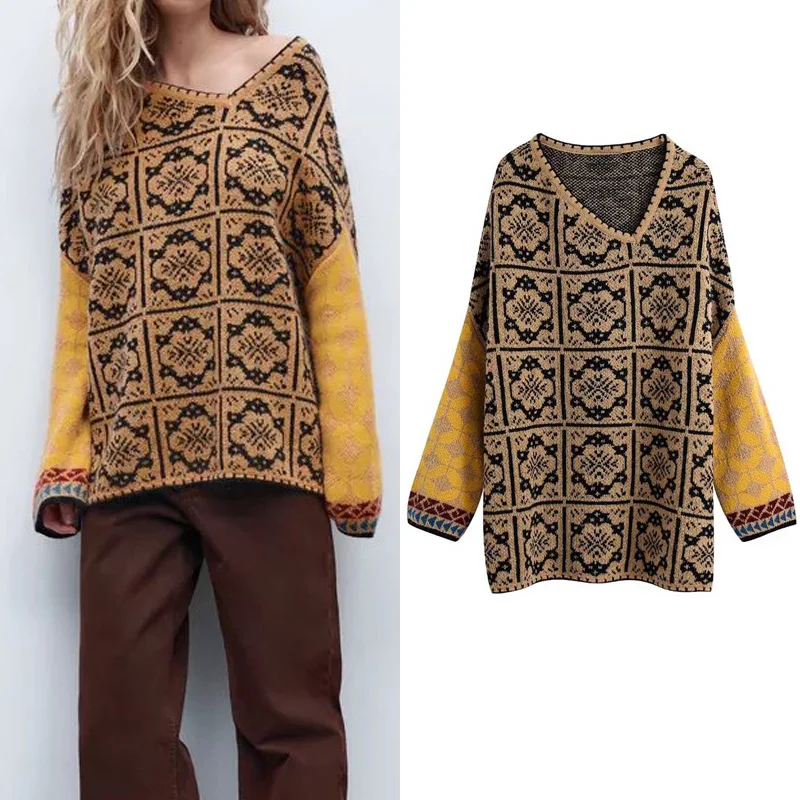 

Женский винтажный жаккардовый кардиган KUMSVAG, модный вязаный свитер асимметричного покроя с воротником ZA, повседневный свободный свитер на ...