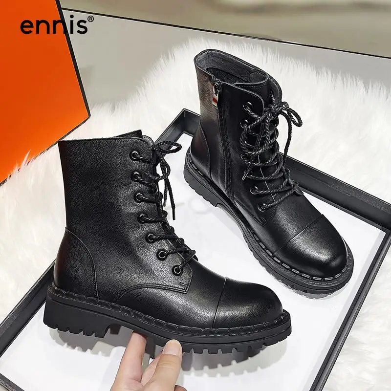 

ENNIS Brand Genuine Leather Martin Boots Women's Shoes Lace Up Boots Round Toe Zip Ladies Boots Autumn Winter Black Beige Shoes