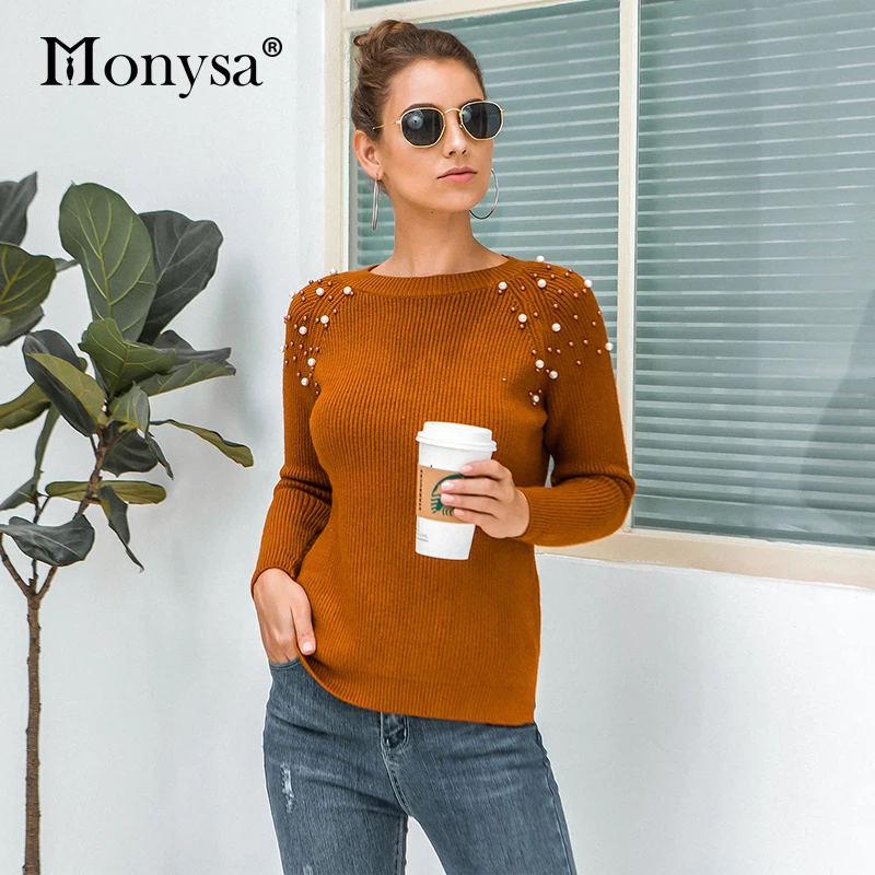 Пуловер свитер с бисером Осень-зима 2019 вязаные свитера длинным рукавом Женский