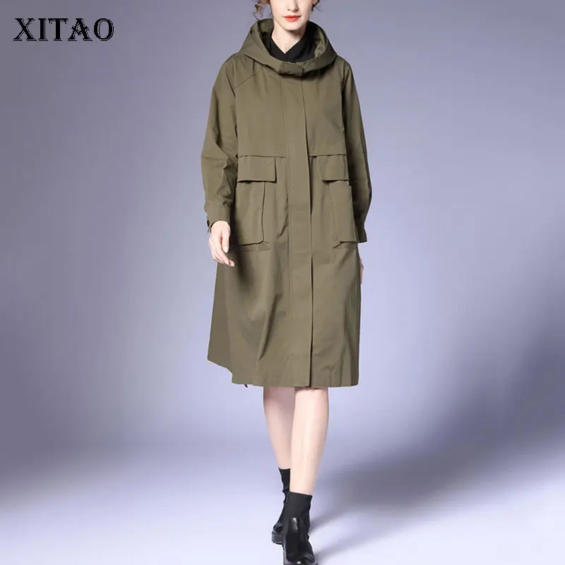 

XITAO Autumn New Trench 2021 Fashion Casual Style Hooded Collar Solid Color Large Size Mid-length Temperament Women WMD3816
