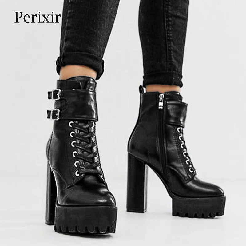 

Женские ботильоны на молнии на шнуровке Perixir Design, новинка 2020, Классические ботинки на платформе и высоком массивном каблуке