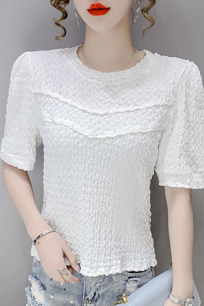 

COIGARSAM French Style Short Sleeve blouse women New Solid Pleated blusas womens tops and blouses White 6858