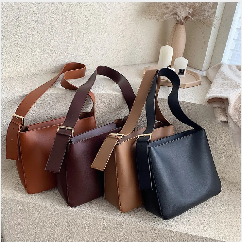 

Vintage PU Leather Bucket Bags For Women 2021 Trending Designer Crossbody Shoulder Handbags Women's Simple Style Hand Bag