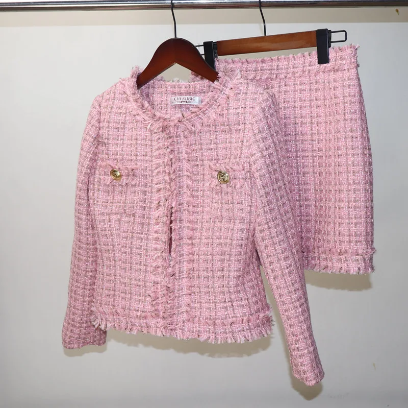 

2022 Autumn Winter Pink Woolen Jacket Coat + Elegant A-Line Skirt Suits Women Clothes Outfits Tassels Tweed 2 Pieces Set Female