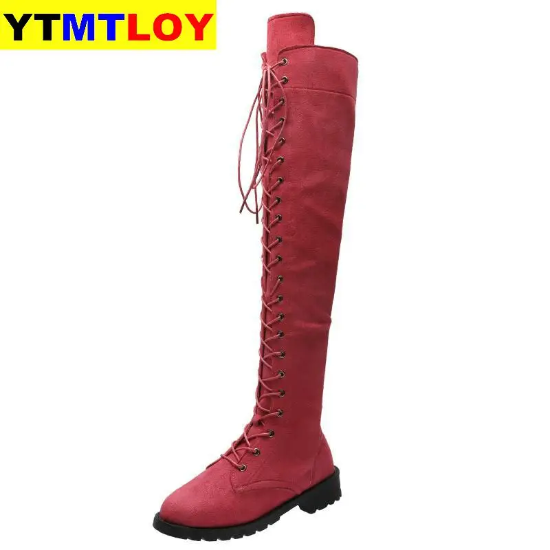 Женские высокие сапоги выше колена винтажные на низком каблуке шнуровке большие