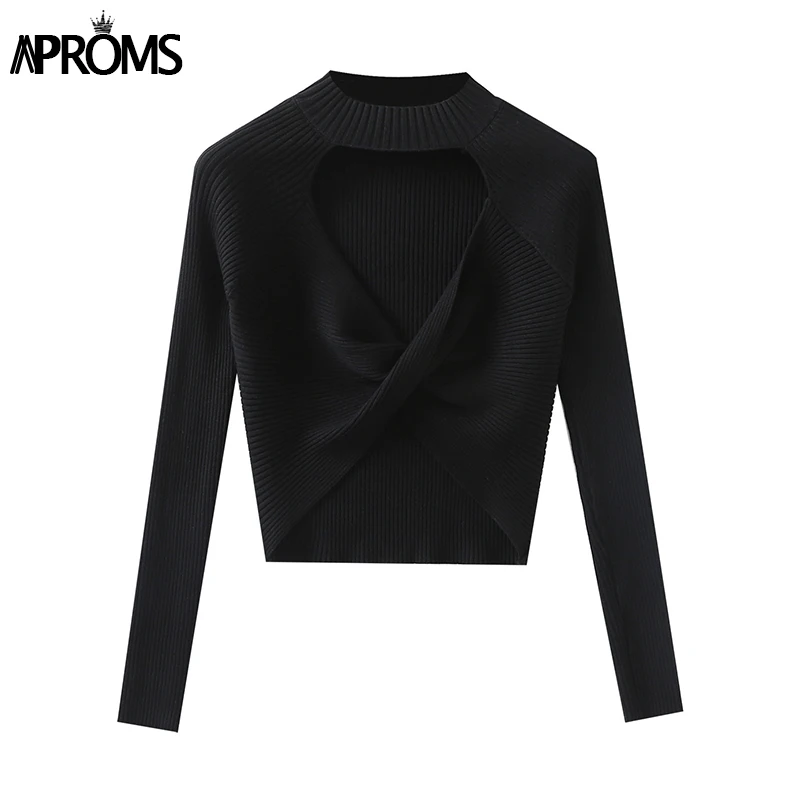 

Aproms Solid Color Twist Ribbed Knitted Stretch Sweater Women Spring 2021 Fashion Mock Neck Cross Over Pullovers Black Jumpers