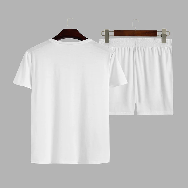 INCERUN Men Pajamas Sets Solid Short Sleeve V Neck Sleepwear Tops Shorts Fitness Leisure Homewear Nightwear Suits Men 2 Pieces