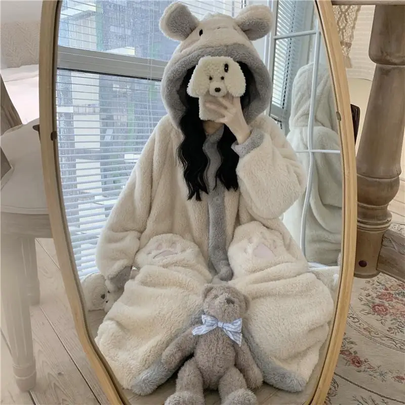 Pijamas Winter Ins Loose Thickened Warm Long Cute Hooded Pajamas Sleepwear Women Female Students Pajama Woman Robe Set nightgown