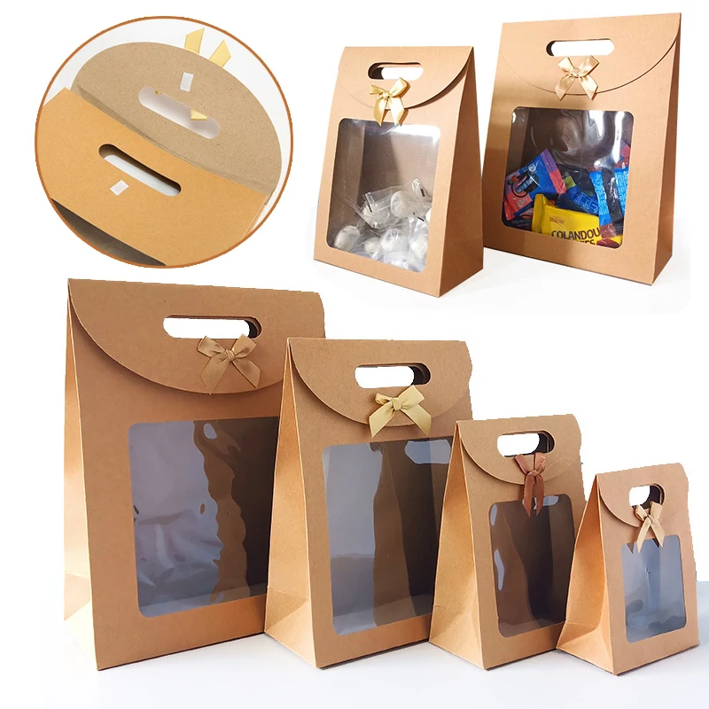 

5pcs Large Open Window Cowhide Carton Bag Kraft Handle Flap Seal Gift Box Portable Food Gift Small Color Packing Box