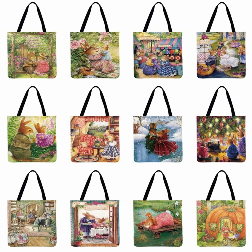 Женская сумка через плечо теплая Сумка тоут с принтом кролика льняная тканевая