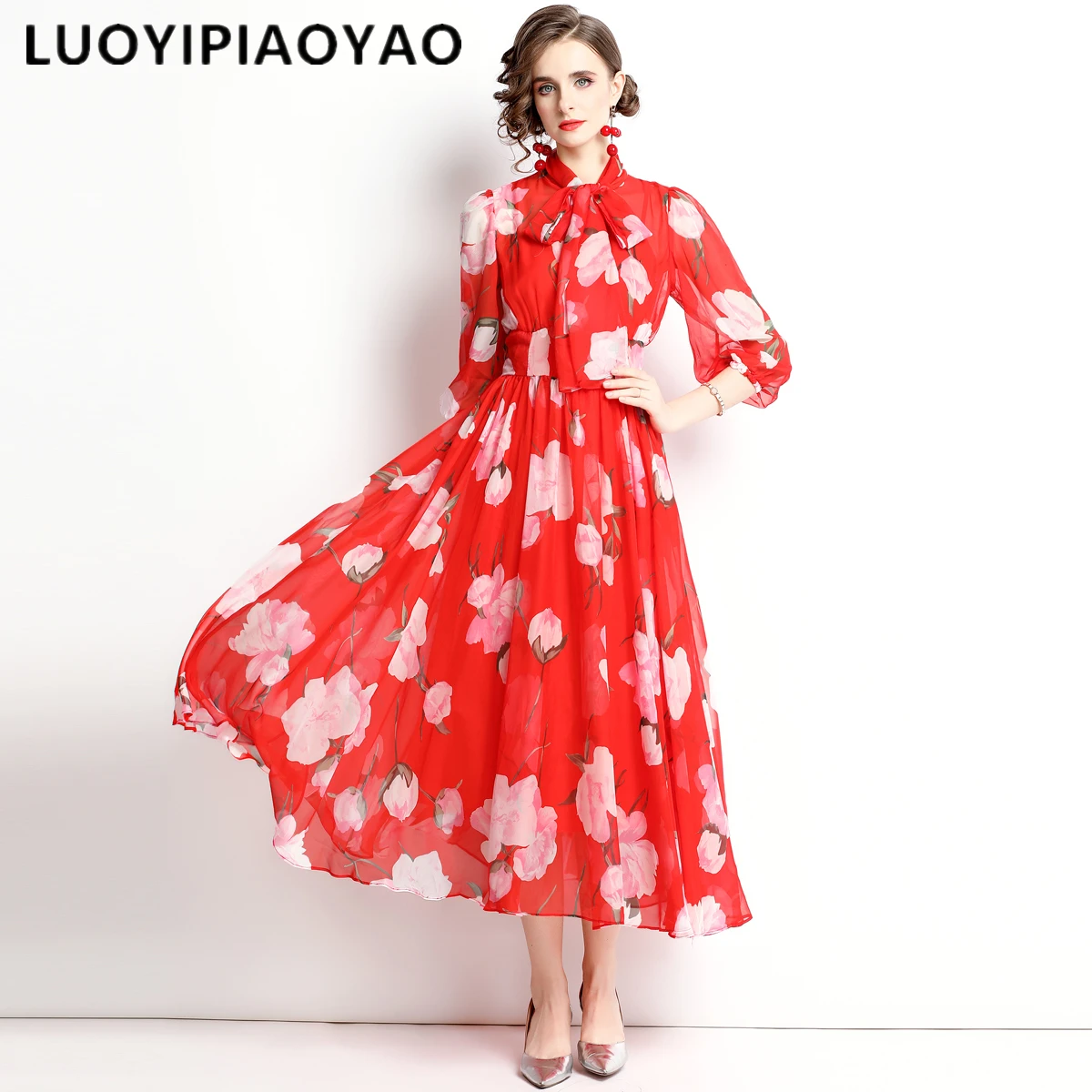 

Women Runway Christmas Red Floral Chiffon Dress Female 2021 Spring Puff Sleeve Print Holiday Bohemian Midi Dress