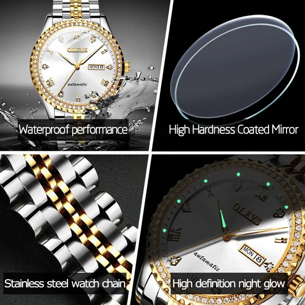 

SHOWTIME men mechanical wristwatches gold luxury brand waterproof stainless steel watch diamond Luminous diamond Week display