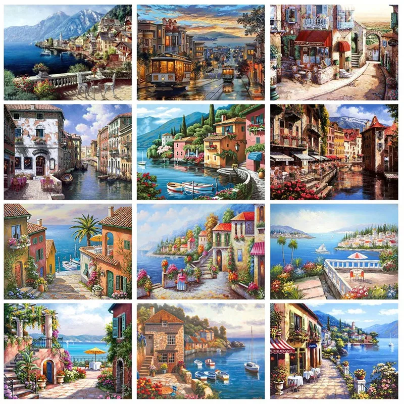 

DIY Paint By Numbers for Adults Children Seaside Town HandPainted Oil Painting Landscape Picture Art Home Wall Decor Gift