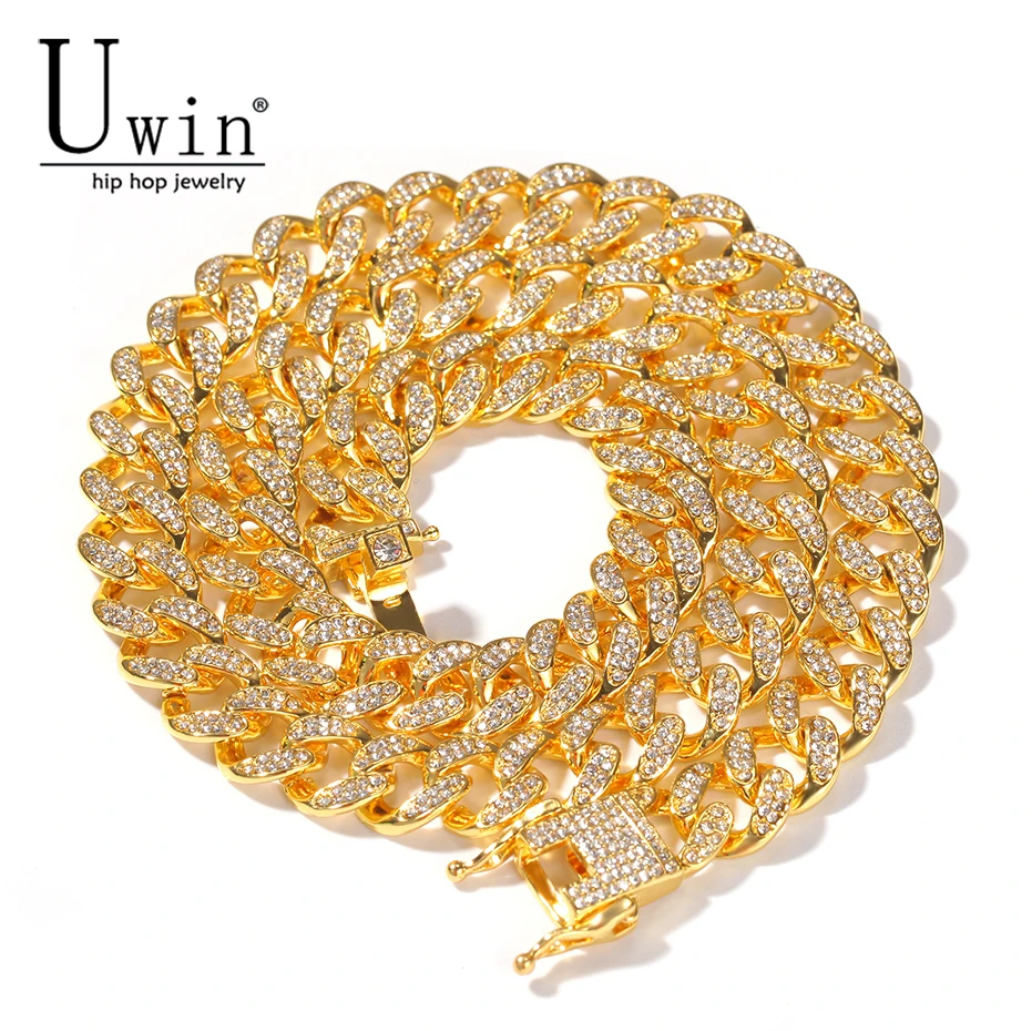 

Uwin 13mm Cuban Miami Link Rhinestones Necklace Chain Full Bling Bling Punk Choker Bling Bling Charms Hiphop Jewelry