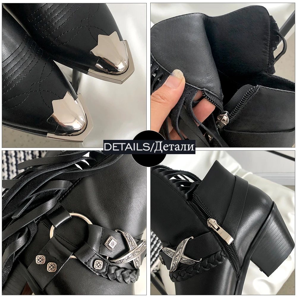 

ISNOM Western Ankle Boots Woman Genuine Leather Shoes Metal Tassel Cowboy Booties Cuban Heel Cowgirls Shoes Chunky Heel 2021