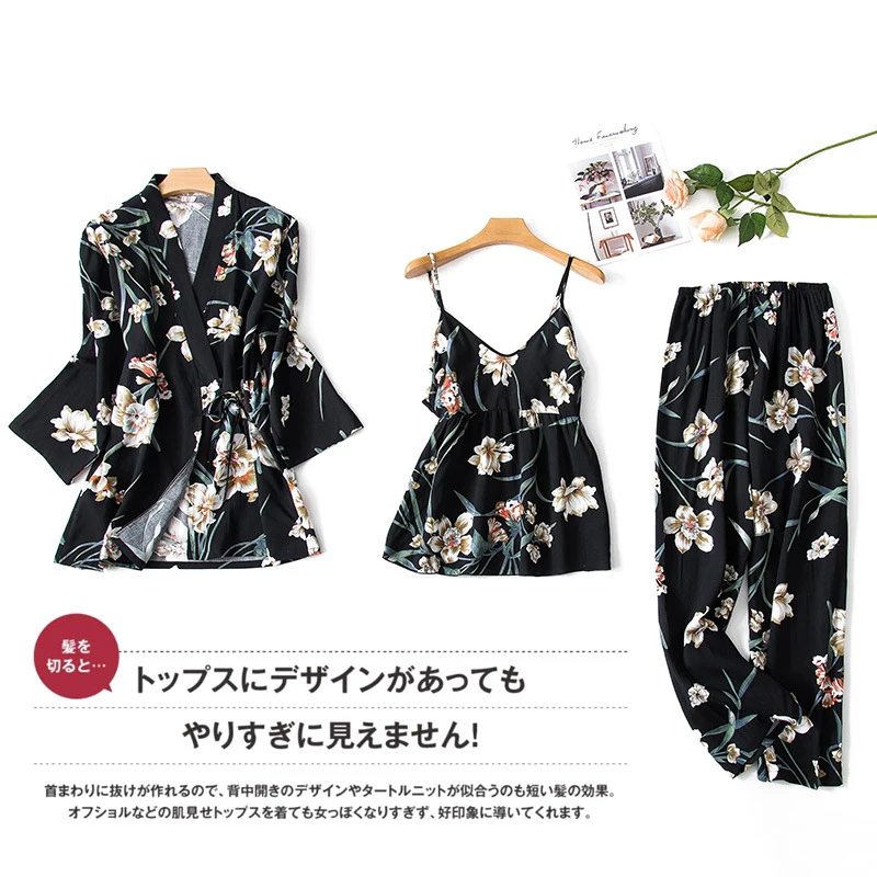 

3 PCS Satin Silk Floral Printed Women Pajamas Sets Viscose Soft Pajamas Loose Elegant Robe Sexy Sling Pants Homewear Female